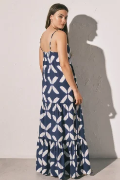Vestido comprido de alças estampado geométrico