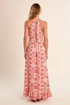 Vestido comprido de alças estampado com folhos