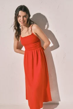 Vestido comprido em linho laranja