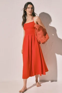 Vestido comprido em linho laranja