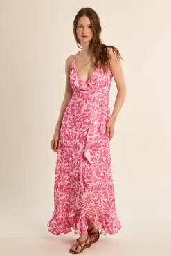Vestido comprido estampado com folhos