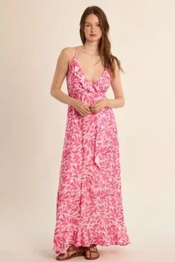 Vestido comprido estampado com folhos