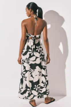 Vestido comprido estampado floral b&w