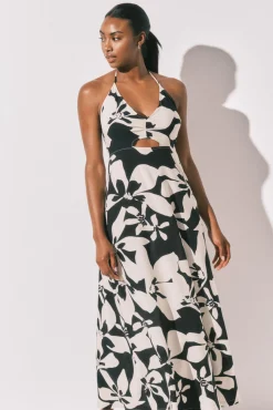 Vestido comprido estampado floral b&w