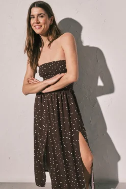 Vestido comprido sem alças estampado bolinhas