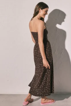 Vestido comprido sem alças estampado bolinhas