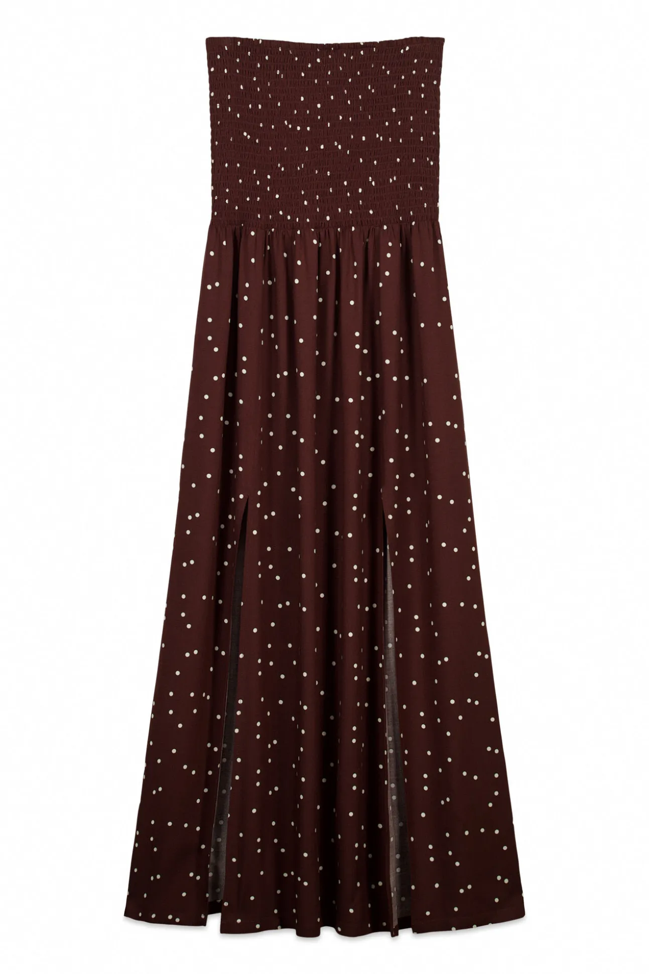 Vestido comprido sem alças estampado bolinhas