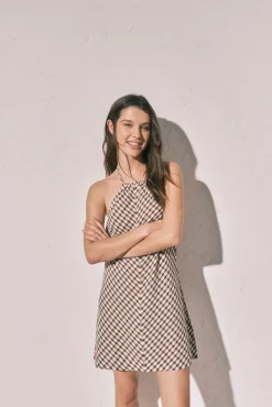 Vestido curto estampado vichy marrom