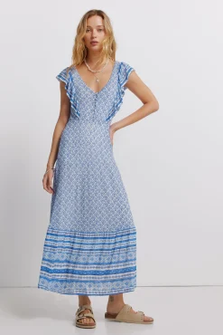 Vestido de alças com folhos estampado sanefa