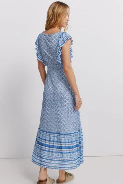 Vestido de alças com folhos estampado sanefa