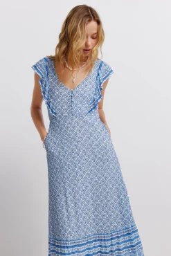 Vestido de alças com folhos estampado sanefa