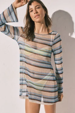 Vestido túnica curta estampado riscas lurex