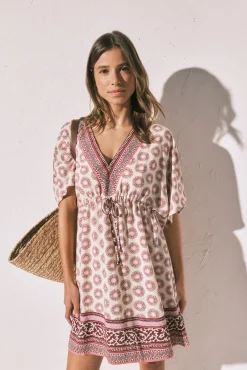 Vestido túnica curta estampado boho grená