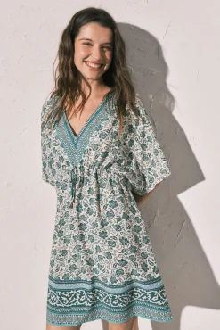 Vestido túnica curta estampado boho verde